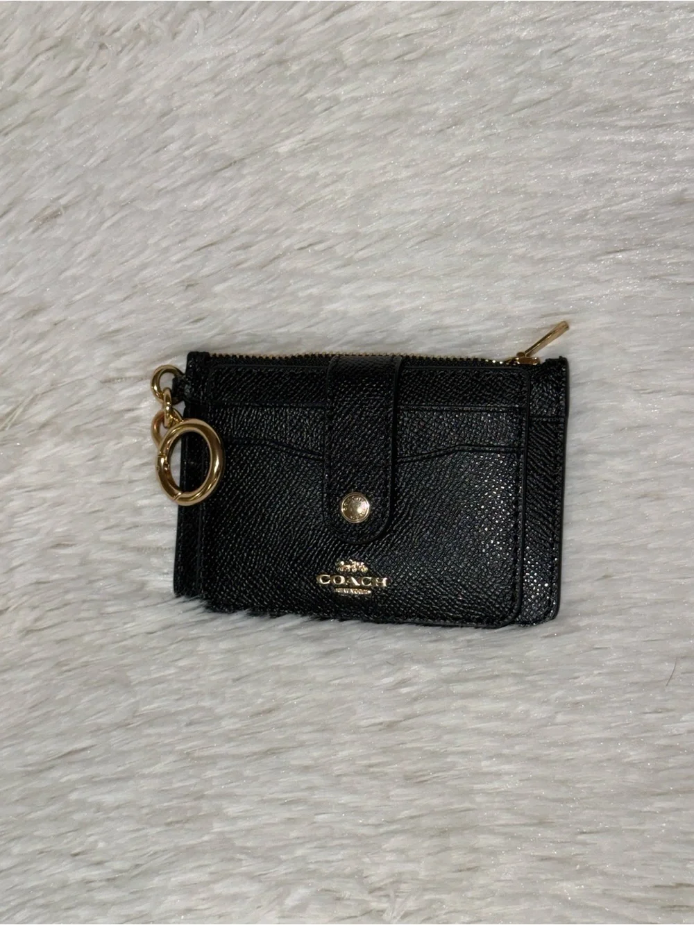 Coach Black Crossgrain Leather Attachment Keychain Card Case Wallet Holder Gold